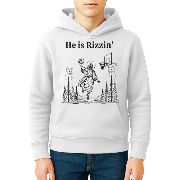 He Is Rizzin Funny Basketball Retro Christian Religious Kids Hoodie
