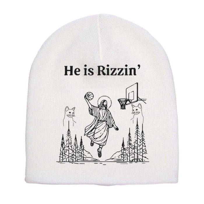 He Is Rizzin Funny Basketball Retro Christian Religious Short Acrylic Beanie