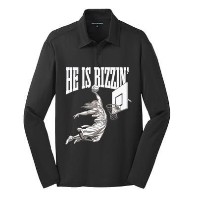 He Is Rizzin Basketball Jesus Dunk Memes Humor Silk Touch Performance Long Sleeve Polo