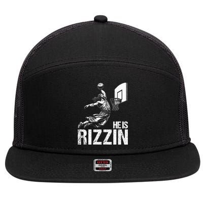 He Is Rizzin Funny Jesus Playing Basketball Meme 7 Panel Mesh Trucker Snapback Hat