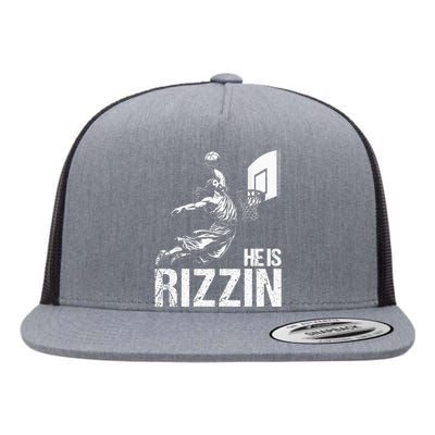 He Is Rizzin Funny Jesus Playing Basketball Meme Flat Bill Trucker Hat