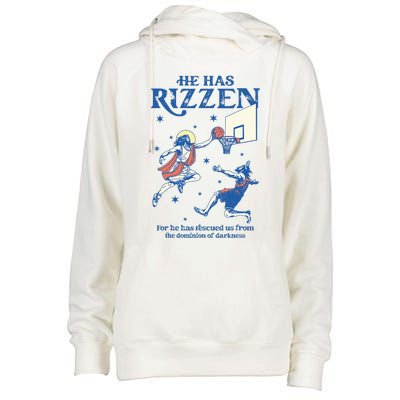 He Is Rizzin Funny Easter Day Jesus Playing Basketball Womens Funnel Neck Pullover Hood