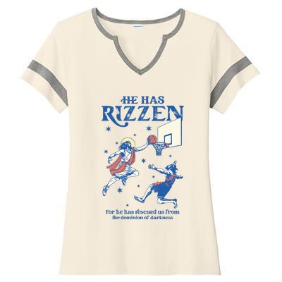 He Is Rizzin Funny Easter Day Jesus Playing Basketball Ladies Halftime Notch Neck Tee