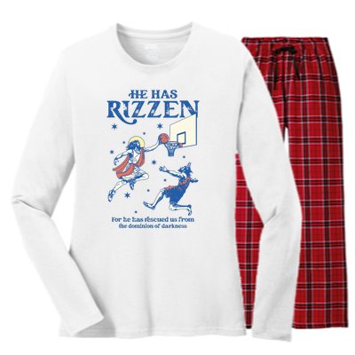 He Is Rizzin Funny Easter Day Jesus Playing Basketball Women's Long Sleeve Flannel Pajama Set 