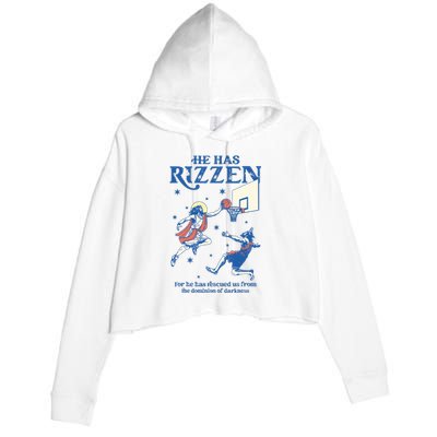 He Is Rizzin Funny Easter Day Jesus Playing Basketball Crop Fleece Hoodie