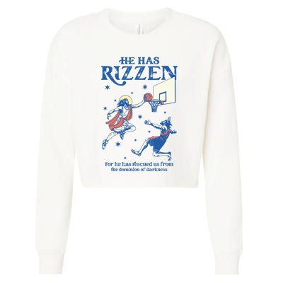 He Is Rizzin Funny Easter Day Jesus Playing Basketball Cropped Pullover Crew