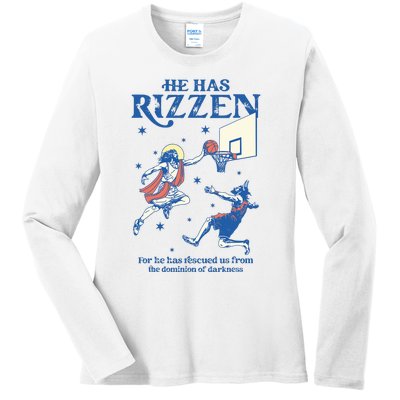 He Is Rizzin Funny Easter Day Jesus Playing Basketball Ladies Long Sleeve Shirt