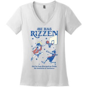 He Is Rizzin Funny Easter Day Jesus Playing Basketball Women's V-Neck T-Shirt