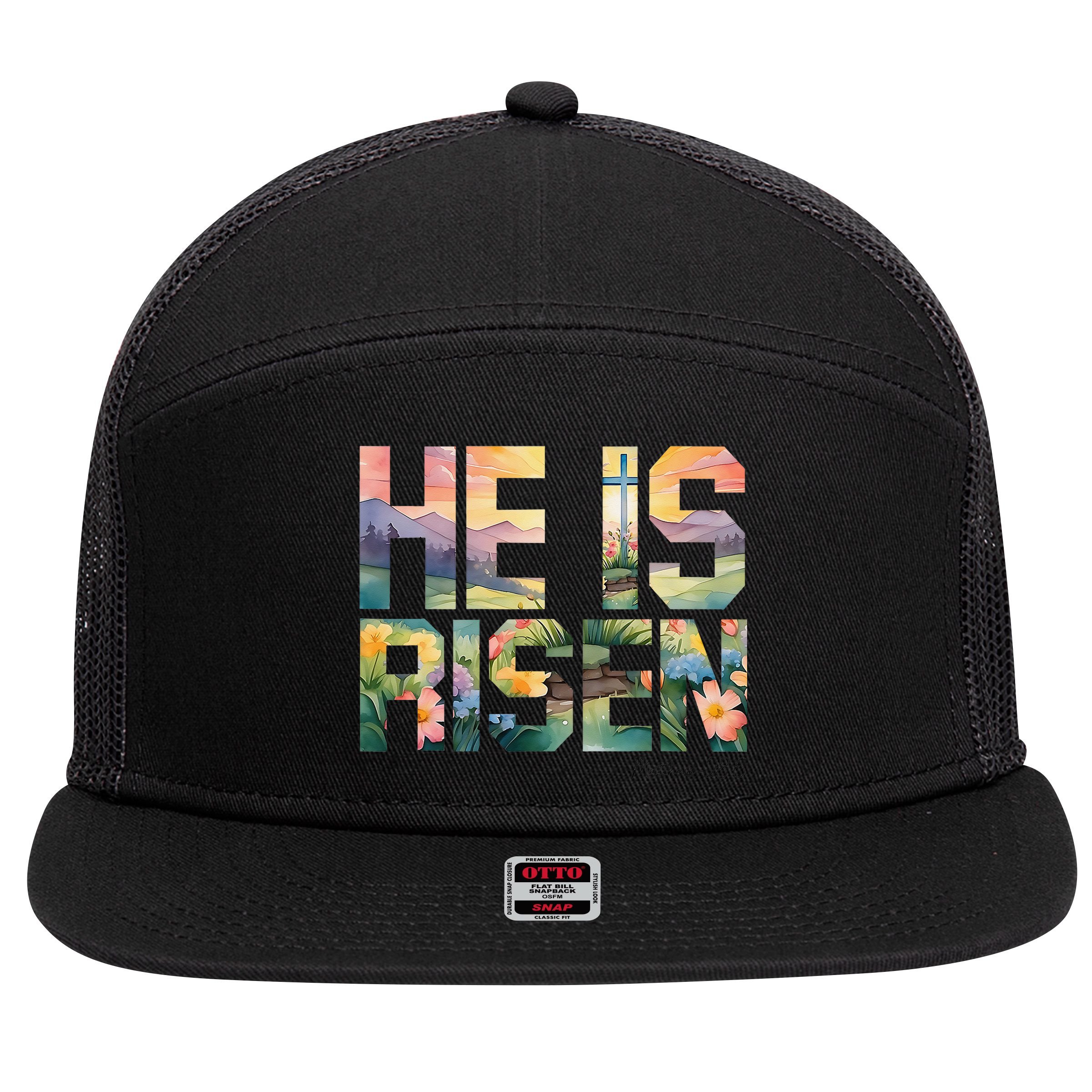 He Is Risen Christian Wildflower Happy Easter Women 7 Panel Mesh Trucker Snapback Hat