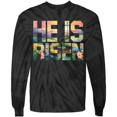 He Is Risen Christian Wildflower Happy Easter Women Tie-Dye Long Sleeve Shirt