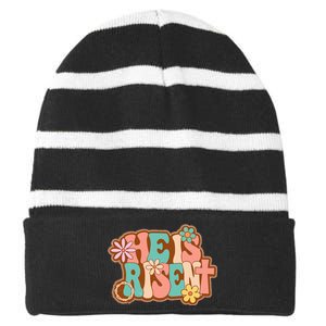 He Is Risen Bible Verse Floral Christian Cross Happy Easter Striped Beanie with Solid Band