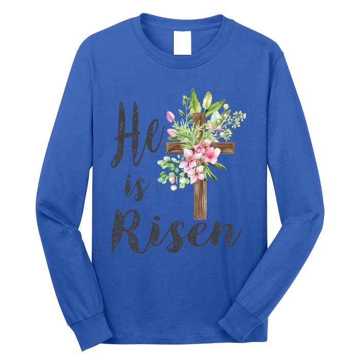 He Is Risen Floral Cross Vintage Happy Easter Day Gift Long Sleeve Shirt