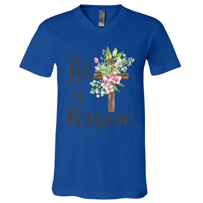 He Is Risen Floral Cross Vintage Happy Easter Day Gift V-Neck T-Shirt