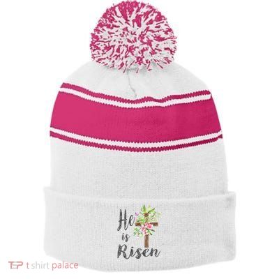 He Is Risen Jesus Christian Easter Floral Wreath Women Girls Stripe Pom Pom Beanie