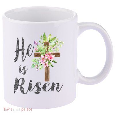 He Is Risen Jesus Christian Easter Floral Wreath Women Girls 11oz C Handle Ceramic Mug