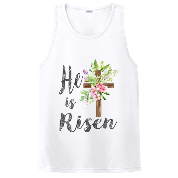 He Is Risen Jesus Christian Easter Floral Wreath Women Girls PosiCharge Competitor Tank