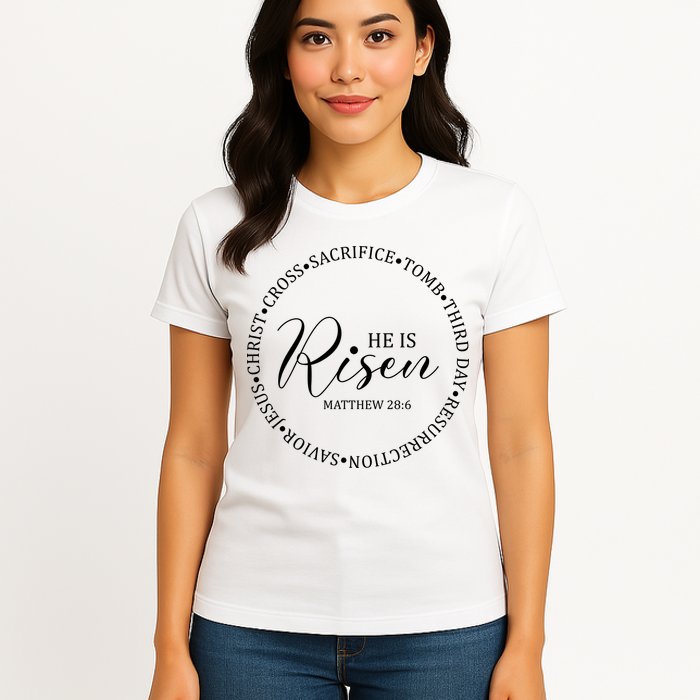 He Is Risen Matthew Easter Verse Womens T-Shirt