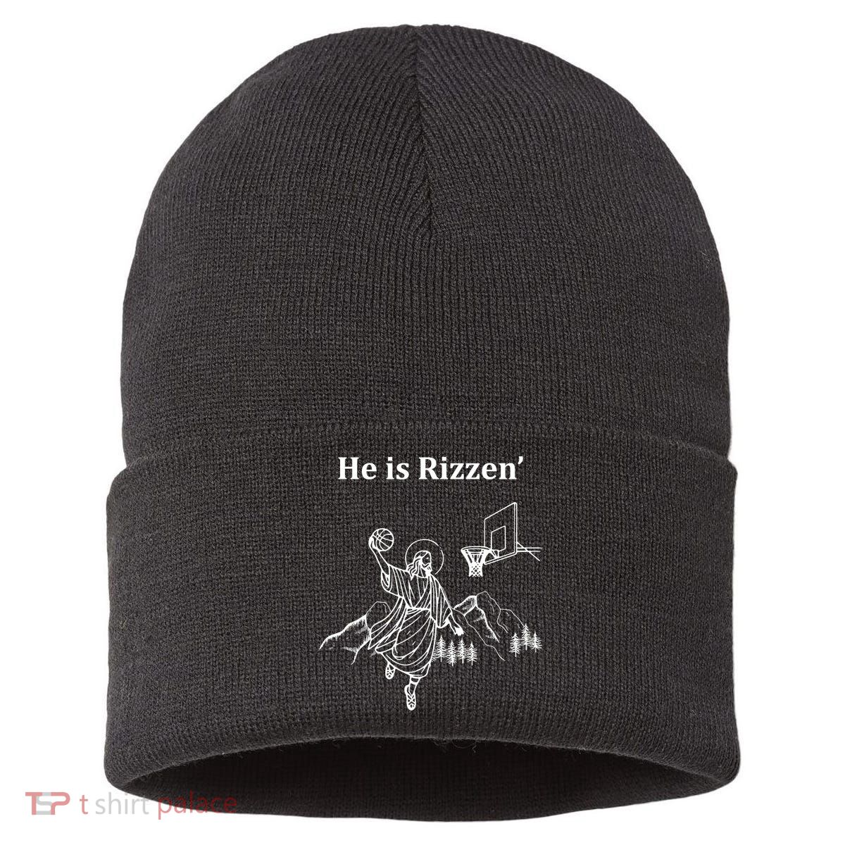 He Is Rizzen Jesus Christ He Has Risen Basketball Dunking Sustainable Knit Beanie