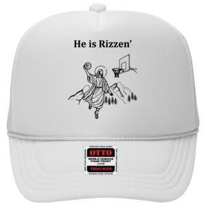 He Is Rizzen Jesus Christ He Has Risen Basketball Dunking High Crown Mesh Back Trucker Hat