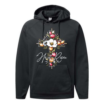 He Is Risen Jesus Christian Happy Easter Floral Cross Performance Fleece Hoodie