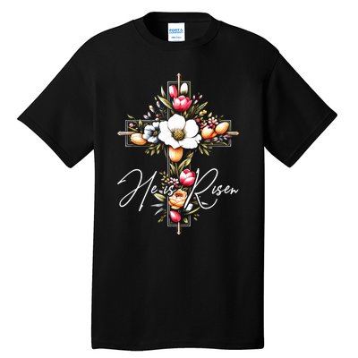 He Is Risen Jesus Christian Happy Easter Floral Cross Tall T-Shirt