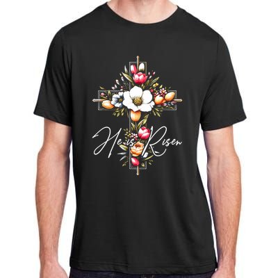 He Is Risen Jesus Christian Happy Easter Floral Cross Adult ChromaSoft Performance T-Shirt