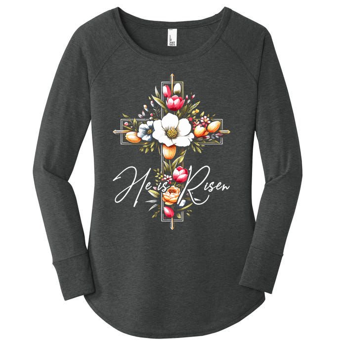 He Is Risen Jesus Christian Happy Easter Floral Cross Women's Perfect Tri Tunic Long Sleeve Shirt