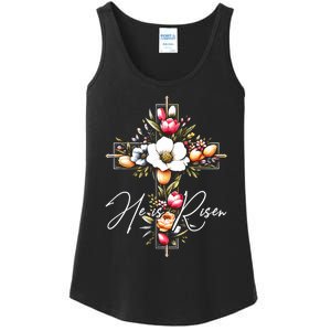 He Is Risen Jesus Christian Happy Easter Floral Cross Ladies Essential Tank