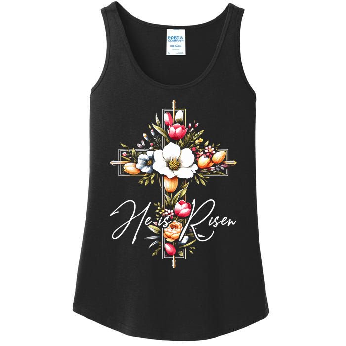 He Is Risen Jesus Christian Happy Easter Floral Cross Ladies Essential Tank