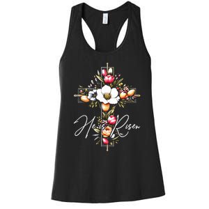 He Is Risen Jesus Christian Happy Easter Floral Cross Women's Racerback Tank