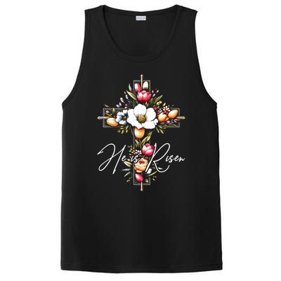 He Is Risen Jesus Christian Happy Easter Floral Cross PosiCharge Competitor Tank