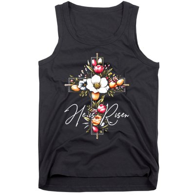 He Is Risen Jesus Christian Happy Easter Floral Cross Tank Top