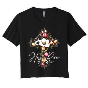 He Is Risen Jesus Christian Happy Easter Floral Cross Women's Crop Top Tee