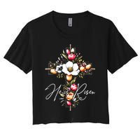 He Is Risen Jesus Christian Happy Easter Floral Cross Women's Crop Top Tee