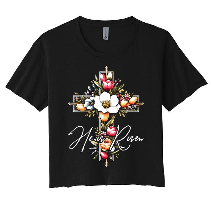 He Is Risen Jesus Christian Happy Easter Floral Cross Women's Crop Top Tee