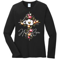 He Is Risen Jesus Christian Happy Easter Floral Cross Ladies Long Sleeve Shirt