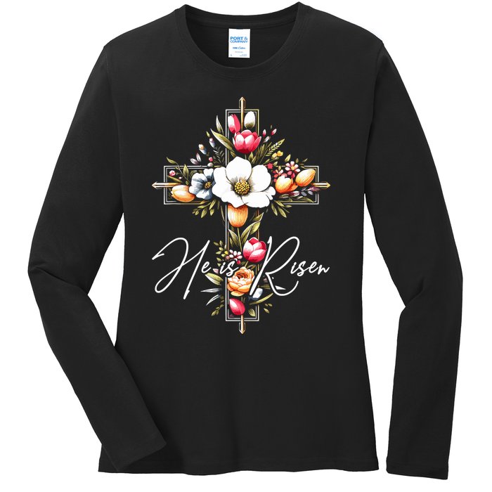 He Is Risen Jesus Christian Happy Easter Floral Cross Ladies Long Sleeve Shirt