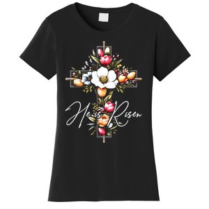 He Is Risen Jesus Christian Happy Easter Floral Cross Women's T-Shirt