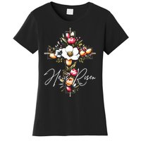 He Is Risen Jesus Christian Happy Easter Floral Cross Women's T-Shirt