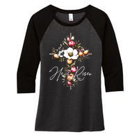 He Is Risen Jesus Christian Happy Easter Floral Cross Women's Tri-Blend 3/4-Sleeve Raglan Shirt