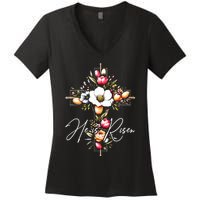 He Is Risen Jesus Christian Happy Easter Floral Cross Women's V-Neck T-Shirt