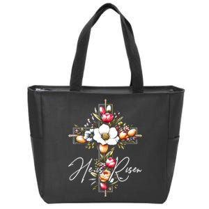 He Is Risen Jesus Christian Happy Easter Floral Cross Zip Tote Bag