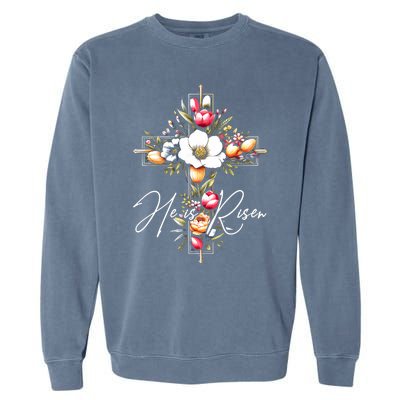 He Is Risen Jesus Christian Happy Easter Floral Cross Garment-Dyed Sweatshirt