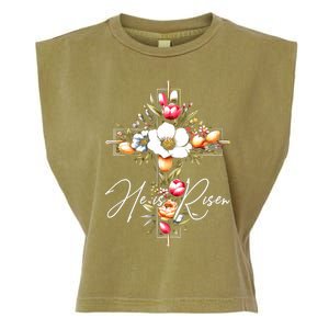 He Is Risen Jesus Christian Happy Easter Floral Cross Garment-Dyed Women's Muscle Tee