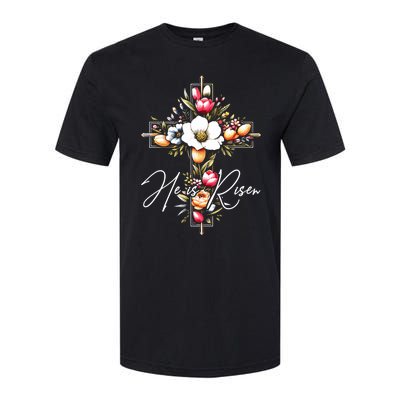 He Is Risen Jesus Christian Happy Easter Floral Cross Softstyle® CVC T-Shirt