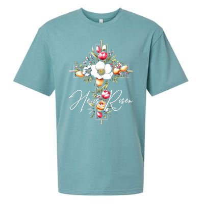 He Is Risen Jesus Christian Happy Easter Floral Cross Sueded Cloud Jersey T-Shirt