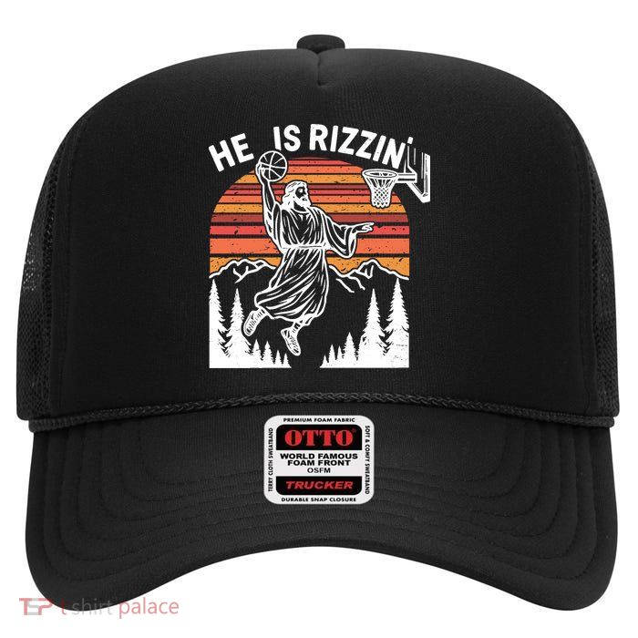 He Is Rizzin Easter Jesus Christian Basketball High Crown Mesh Back Trucker Hat