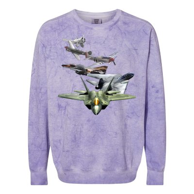 History Of The Fighter Plane - Air Force F-22 F-16 Colorblast Crewneck Sweatshirt