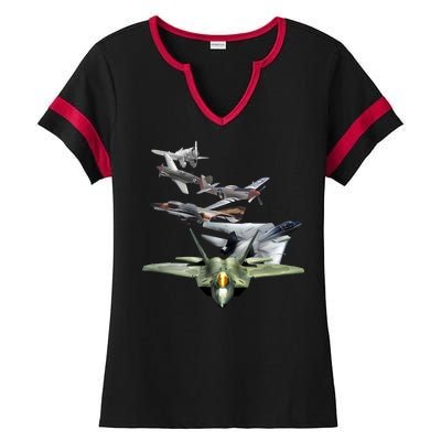 History Of The Fighter Plane - Air Force F-22 F-16 Ladies Halftime Notch Neck Tee