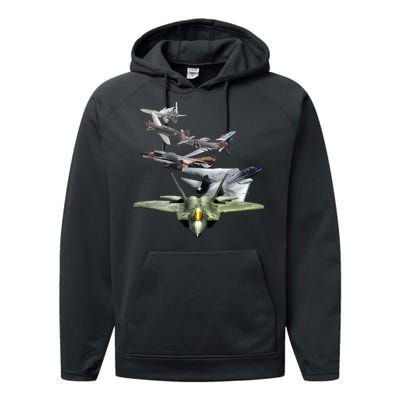 History Of The Fighter Plane - Air Force F-22 F-16 Performance Fleece Hoodie